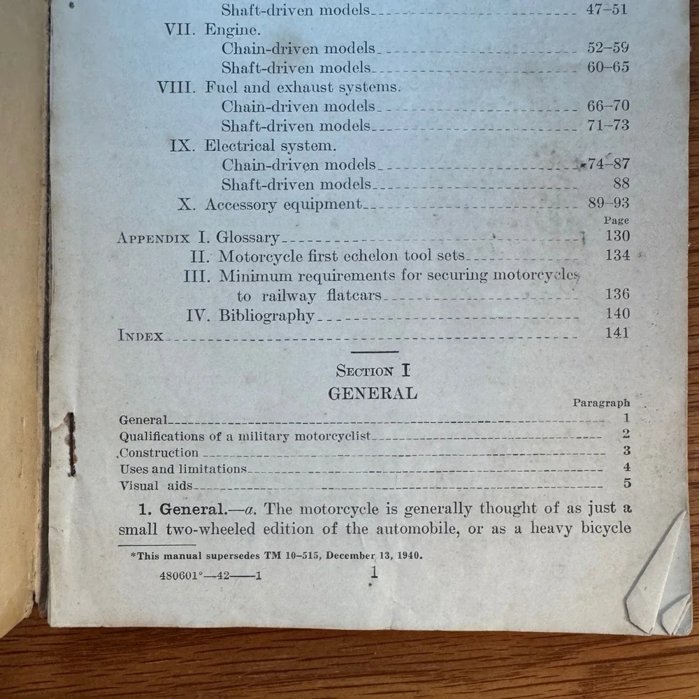 1942‎ TM 10-515 Motorcyle US Military Manual Harley Davidson Indian motorcycle